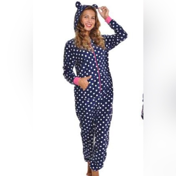 Hooded Onesie Polka Dot Cozy Fleece Pajamas Small/Medium Blue White Pink Holiday - Picture 1 of 5